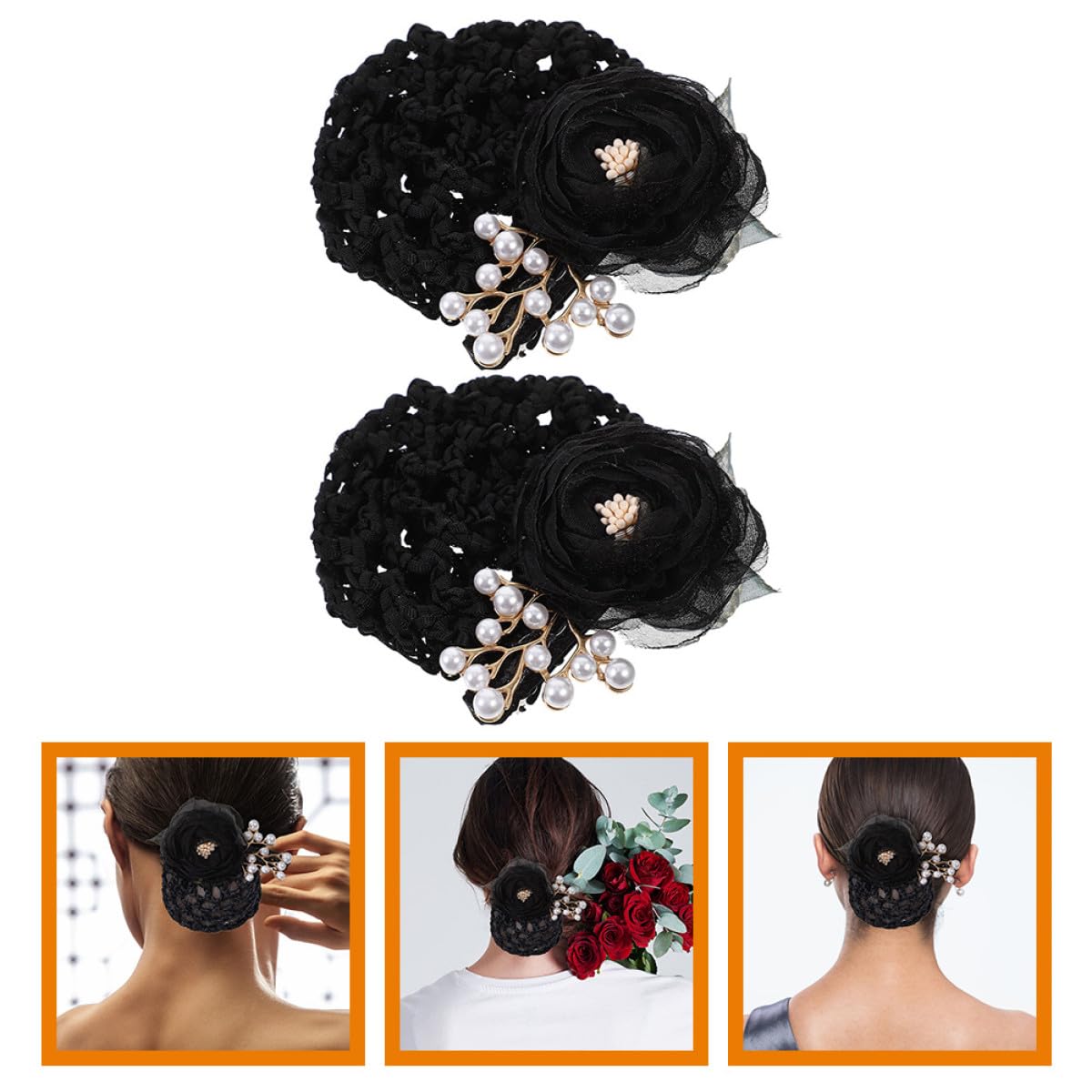 WOONEKY 2pcs Flower Hairnet Clips Black Mesh Bun Covers Hair Nets for Women Floral Hair Bun Holders for Updos and Styling