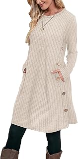 Fall and Winter Tunic Dress with Pockets Long Sleeve Crew Neck Buttons Side