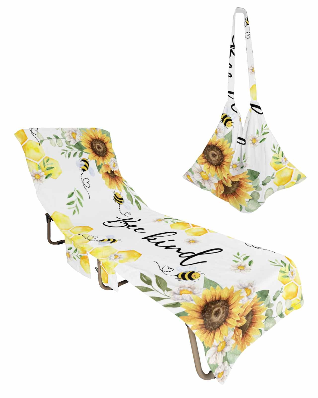 Sunflower Bee Beach Chair Cover with Side Pockets, Microfiber & Quick Dry Pool Chaise Lounge Chair Towels Covers for Sun Sunbathing Patio Garden Hotel, Yellow Honey Floral Eucalyptus Spring Summer