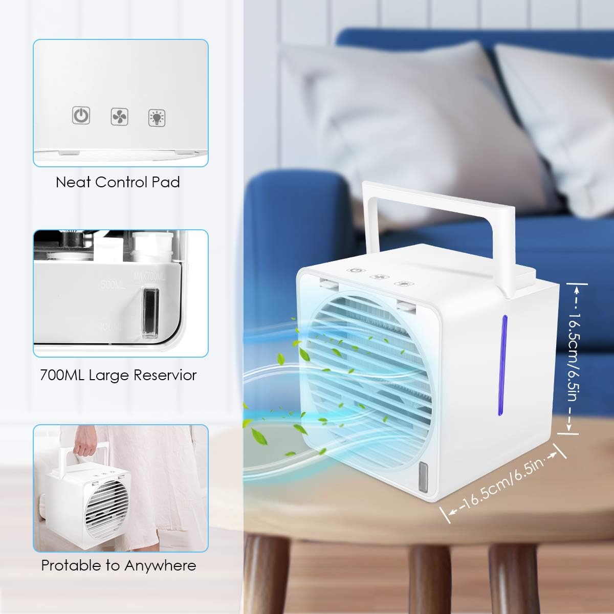 CharmUO Portable Air Cooler, 3 in 1 Mini Evaporative Cooler Personal Air Cooler with 7 Colors Light, 3 Fan Speed, Desktop Cooling Fan for Room, Home, Office, Dorm Cooler Humidifier & Purifier