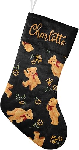 SunFancy Calcetines de Navidad personalizados, patrón de oso de peluche, calcetín de Navidad personalizado negro para niños y niñas, decoración