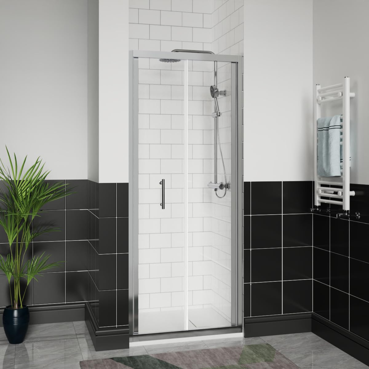 Aquariss 1100x800mm Chrome Bifold Shower Door Enclosure with 800mm Self Clean Reversible Folding Shower Screen Cubicle, White SMC Anti Slip Shower Tray and 90mm Waste