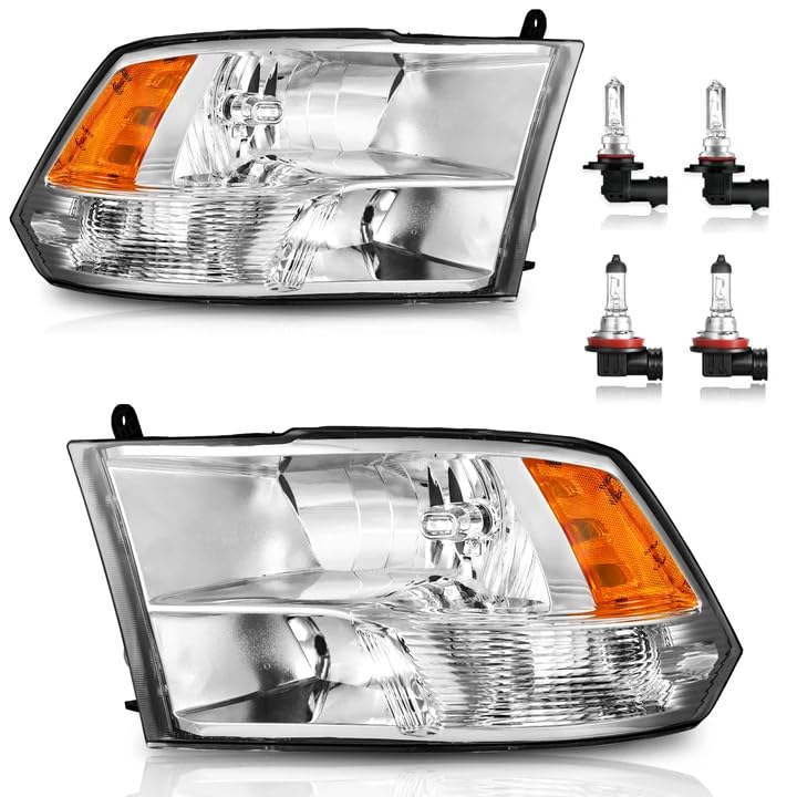 Headlights for 2009-2018 Dodge Ram 1500, for 2010-2018 Dodge Ram 2500 3500 with High/Low beam Bulbs, Driver & Passenger Side(ONLY fit Quad-Hole Single Headlight)