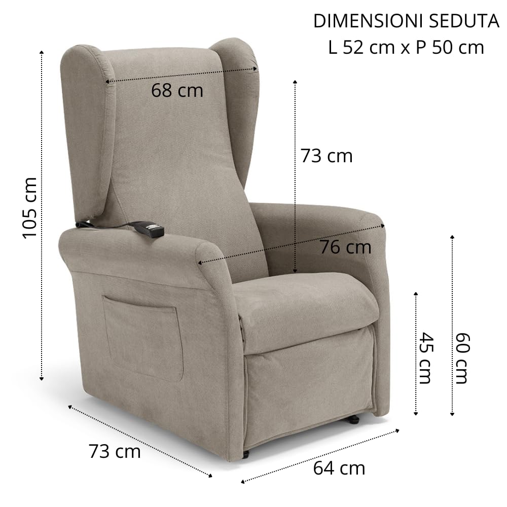 REDÒKASA Poltrona relax elettrica PISA MADE IN ITALY per anziani e disabili con kit batteria optional, 2 motori, 4 ruote, tessuto antimacchia, reclinazione e alzapersona (Senza Kit Batteria, Corda)