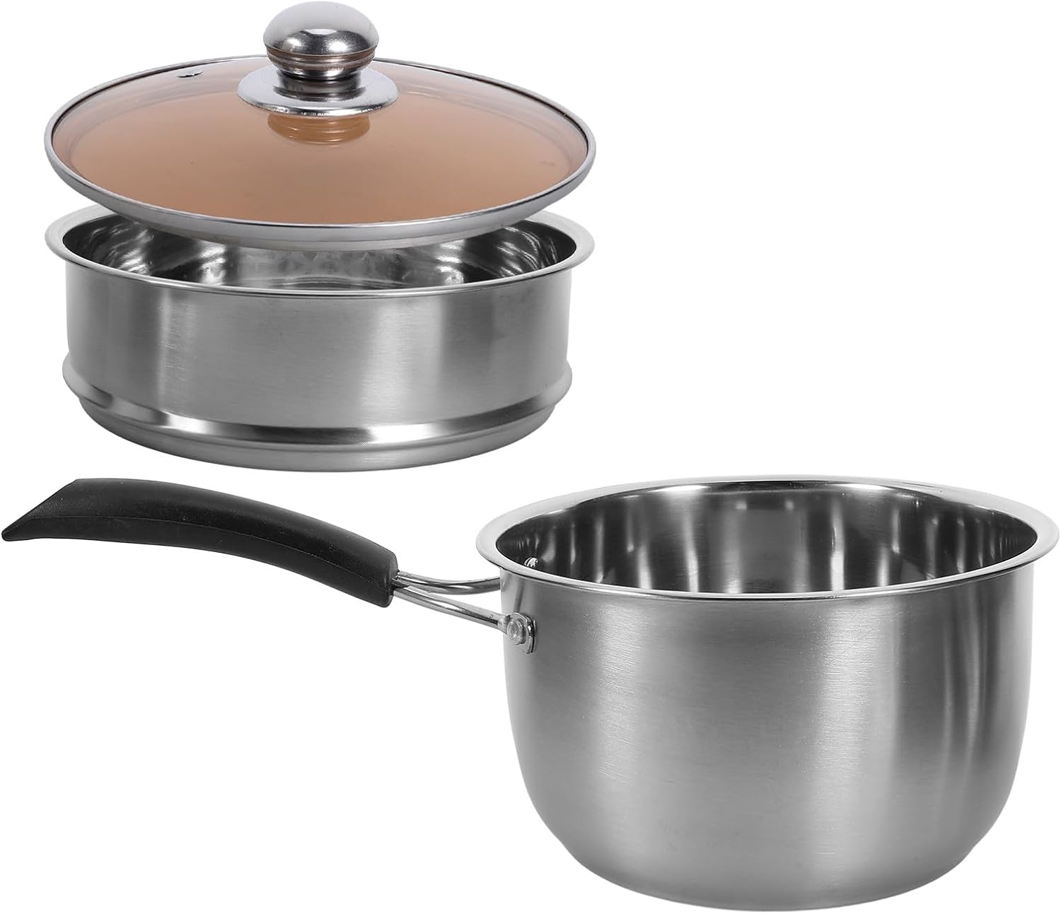 NUOBESTY Stainless Steel Multipurpose Cooking Soup Pot with Steamer Basket, 18cm Double-layer Saucepan with Lid, Single Handle Milk Pan for Home Kitchen Cooking and Steaming