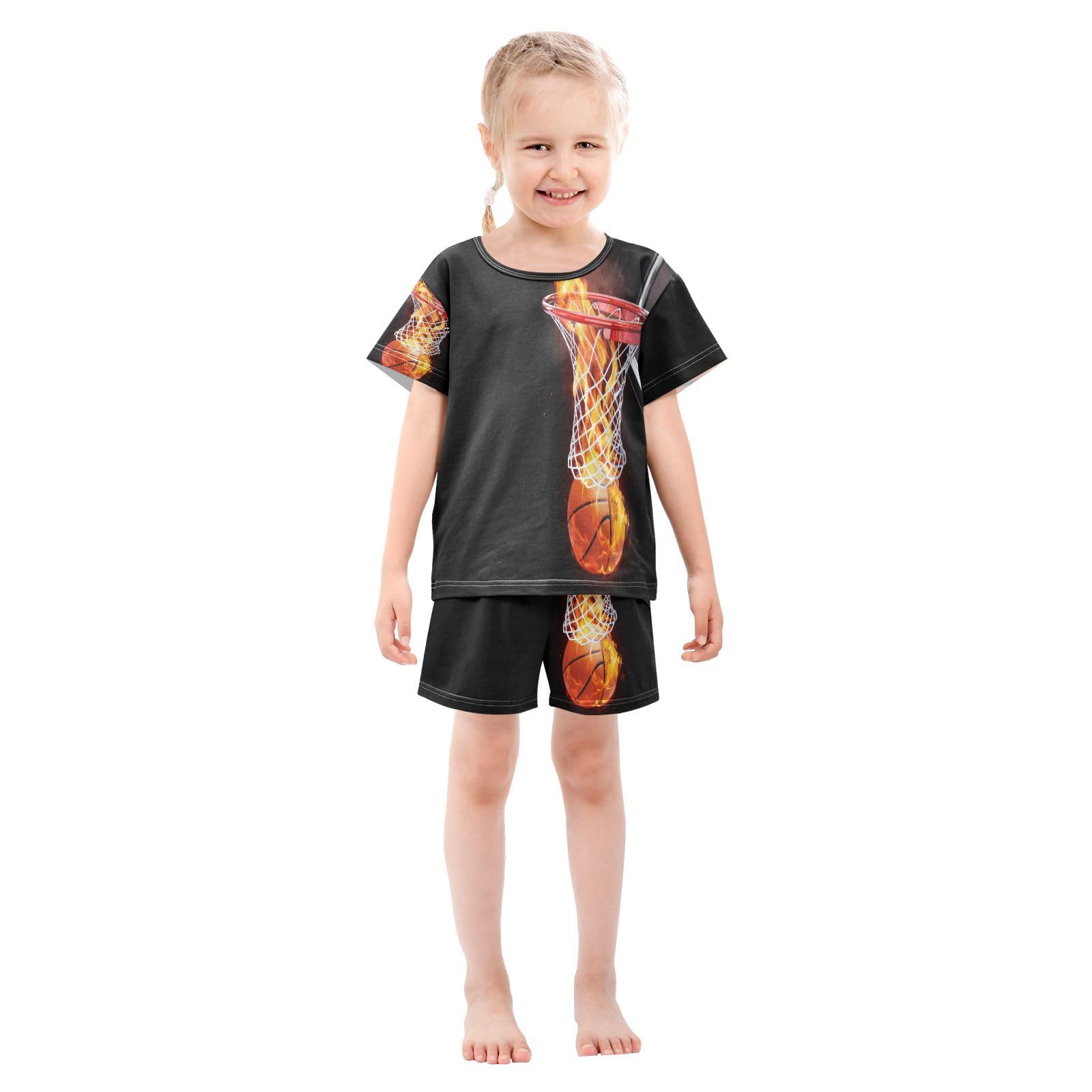 Ensemble de pyjama court pour enfants Flammes Basket Plat Fille Garçon Ensemble de pyjama en coton Ensemble de vêtements de nuit d'été Basketball