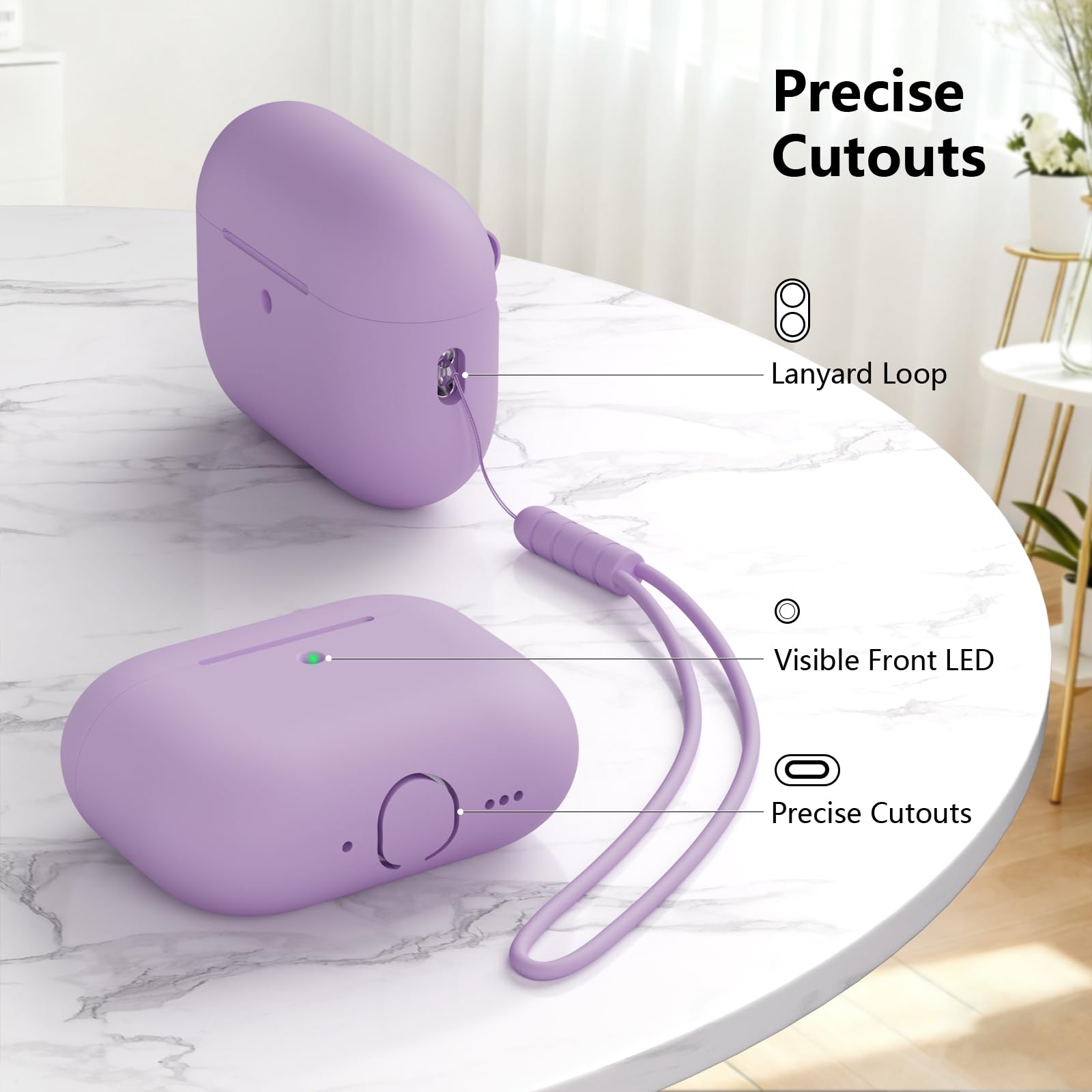 Custodia in Silicone Compatibile con Airpods Pro 3 Generazione Case, Case Cover Protezione Completa in Silicone Morbido per AirPods Pro 3 con Cordino, LED Anteriore Visibile, Lavanda - 4