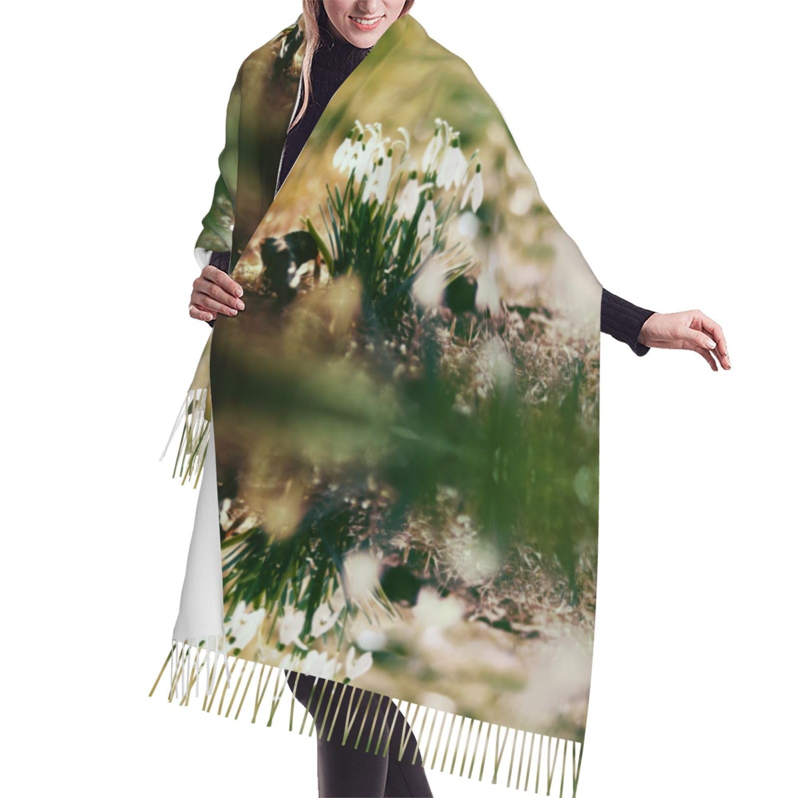Hnnkloy Wild Spring Snowdrop,Women's Large Imitation Cashmere Scarf, Lightweight Fashion Tassel Shawl 196x68 cm