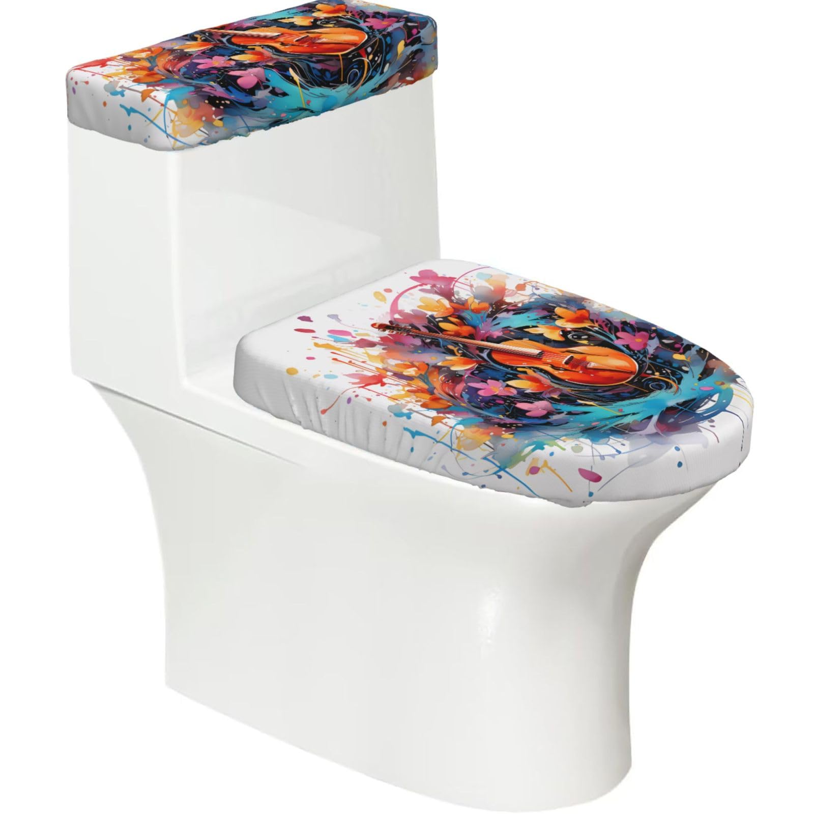 Colorful Note Guitar 2-Piece Toilet Seat Cover Set with Tank Lid - Elastic for U-Shape & Elongated - Bathroom Decor