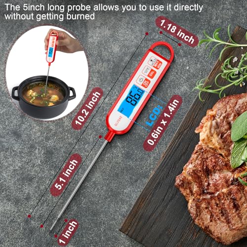 GLVSAE Instant Read Meat Thermometer – 1-2 Sec Response, IPX6 Waterproof with 5.1" Probe & Backlit LCD for BBQ, Candy, Deep Fry, Baking – Digital Food Grill Gauge (°F/°C)