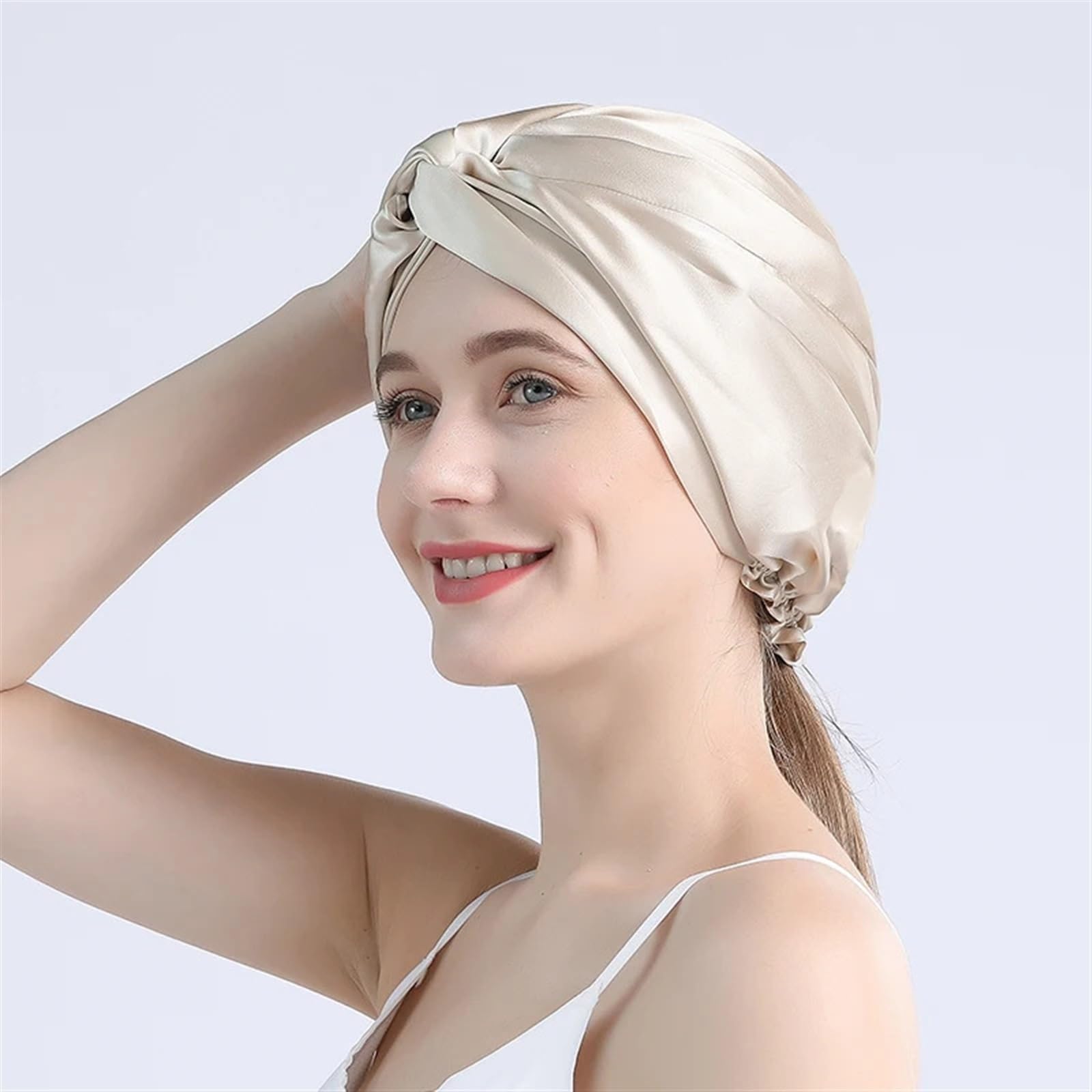 Gorro De Seda Para Dormir Gorro de noche seda morera pura for mujer, gorro for el cuidado del cabello, doble capa, 16 Momme con elástico en la cabeza