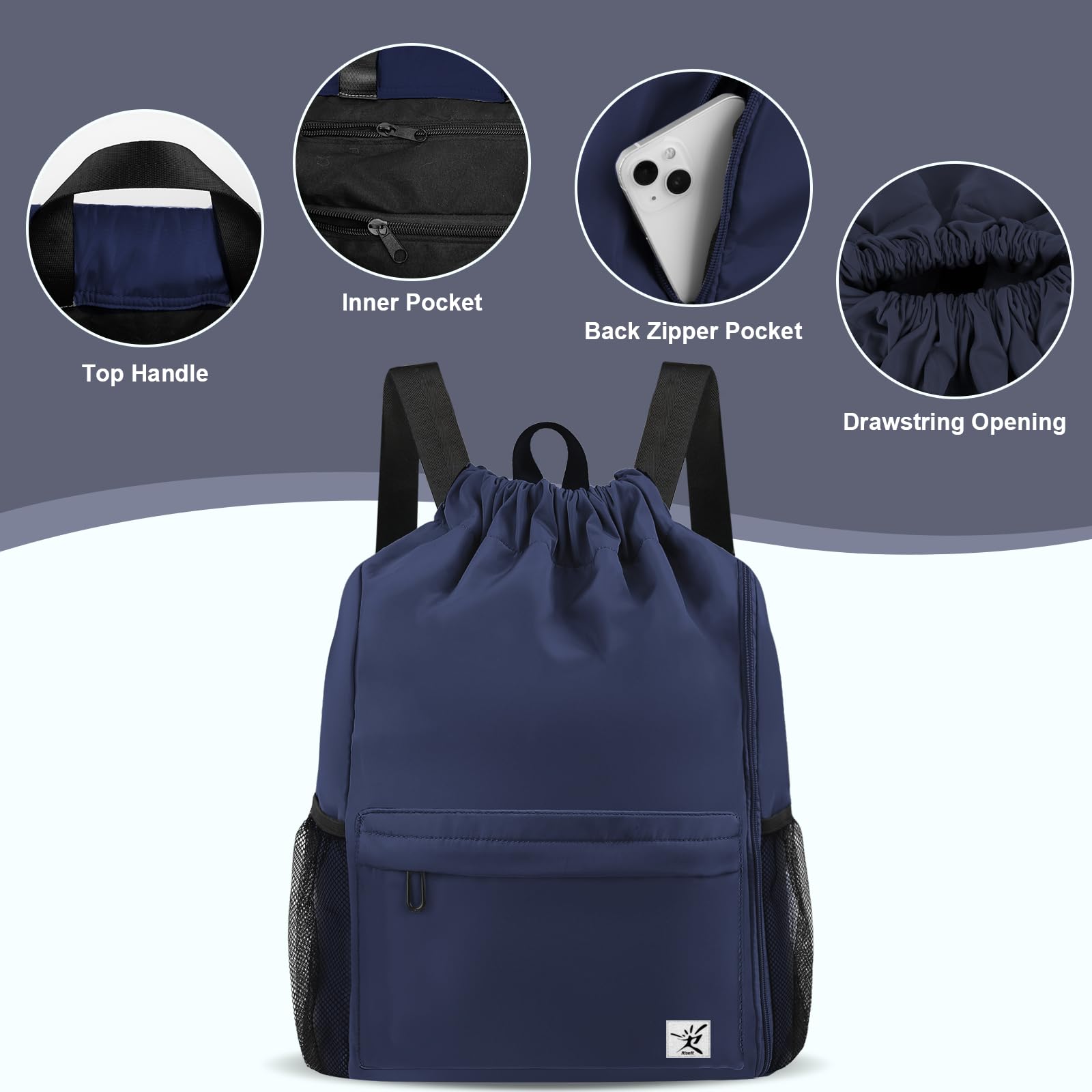Risefit Drawstring Backpack with Mesh Pockets String Gym Bag Sackpack Sandproof Water Resistant Beach Backpack for Men Women - Image 4