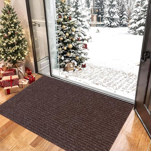 Indoor Door Mat 40 x 85 cm Absorbent, Non-Slip, Rubber Backed Dust Dirt Trapper Doormat Entrance Rug for Inside, Front Back Door, Pets and Dogs, Brown