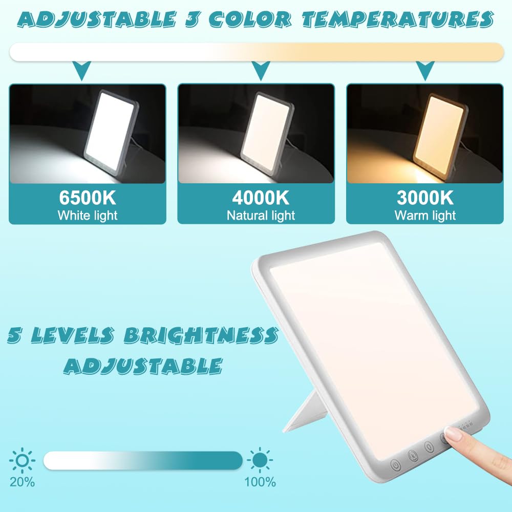 Luminoterapia, 15000 Lux Lámpara de Luz Diurna, Sad Lamp con 3 Temperaturas de Color y 5 Niveles De Brillo, 6 Temporizador, Soporte De 180°, Control Táctil
