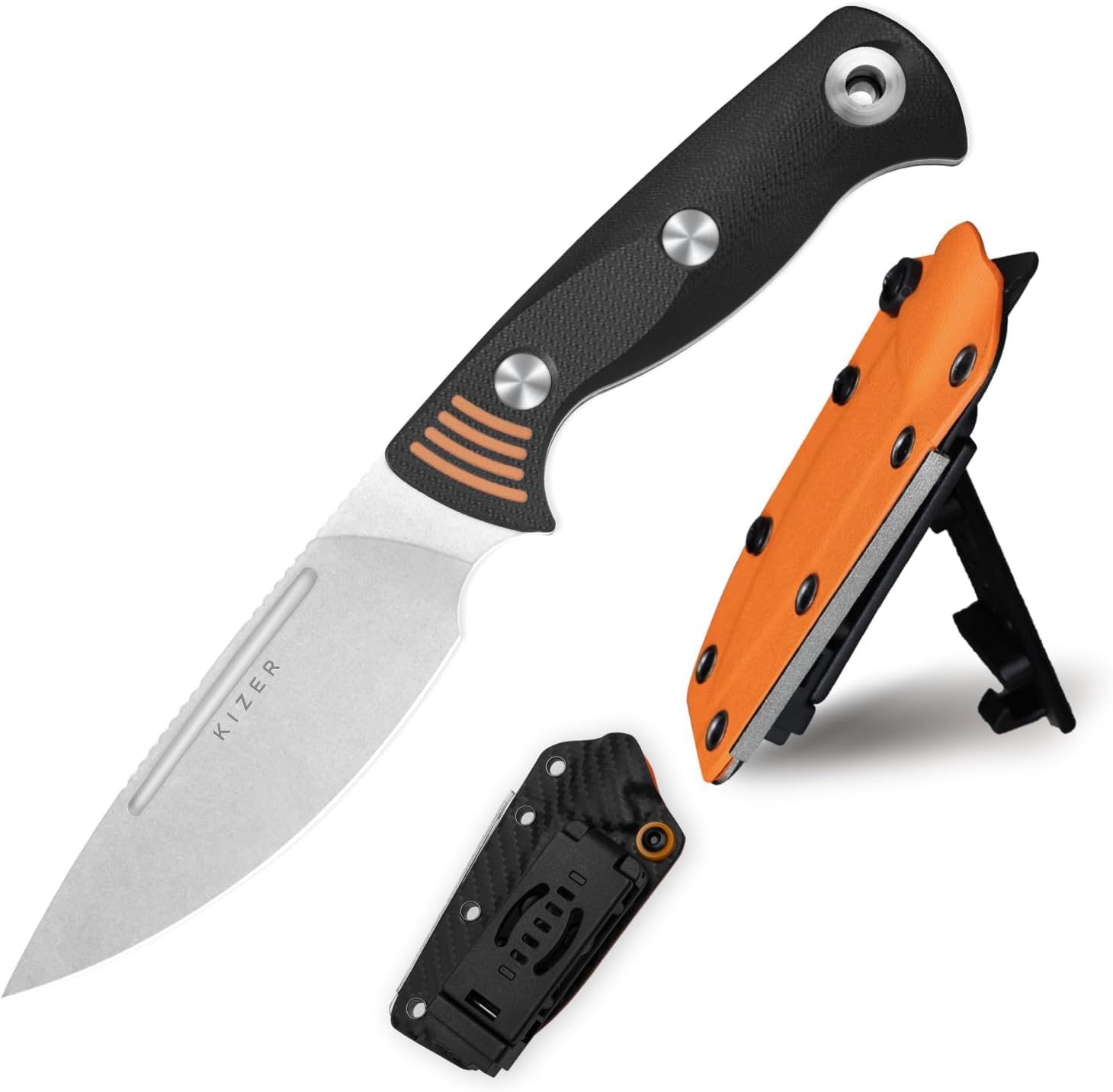 Kizer Evenki 3 Survival Messer mit Kydex-Scheide & Messer Schärfer, 1099A1 | 11,4cm AEB-L Drop Point Klinge Feststehende Messer mit Schwarz-Orangefarbenem G10 Griff, Full Tang Jagd Survival Messer