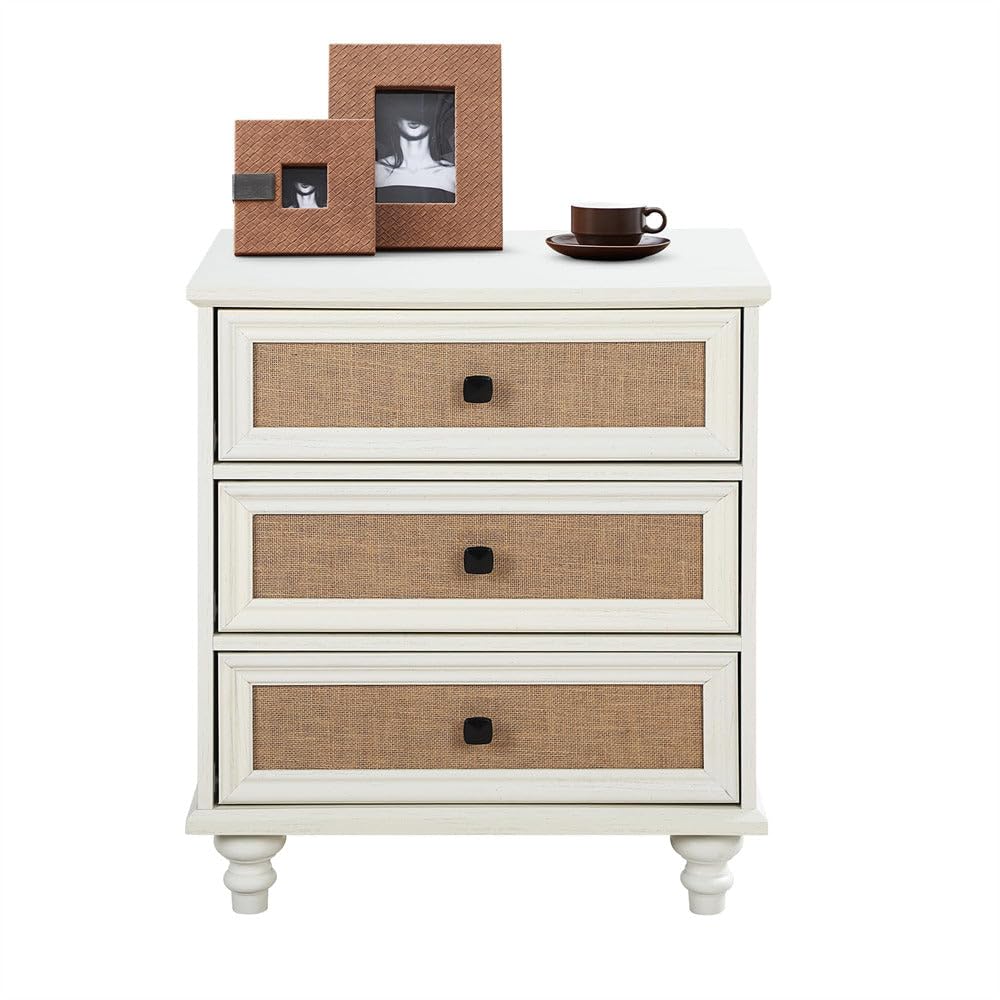 furniture wooden bedside table with 3 drawers, cane rattan nightstand for bedroom, solid wood storage side table (natural oak finish) (white)