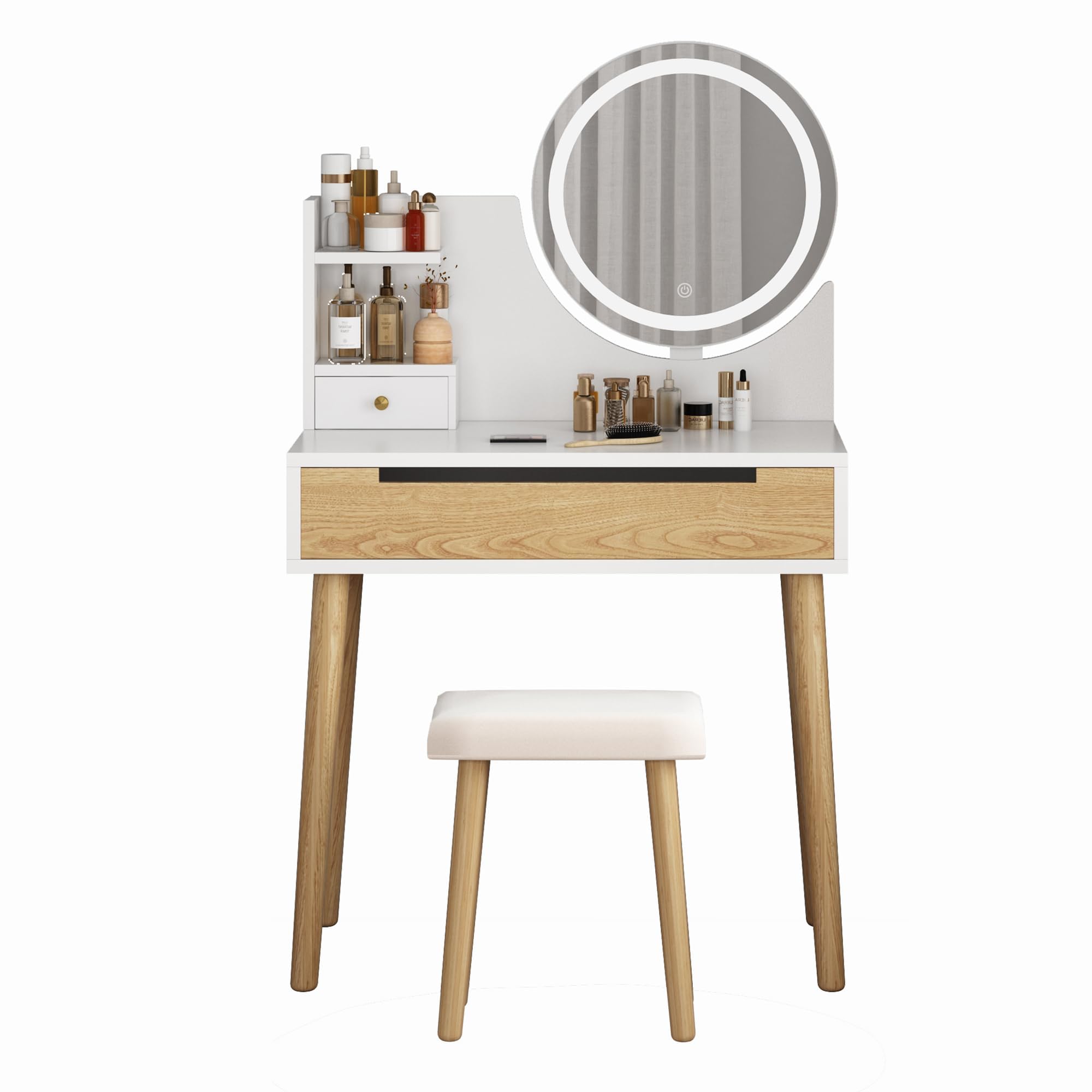 Garvee Schminktisch Mit LED Touch-Beleuchtung Und Spiegel, MDF+PU Frisiertisch, Moderner Kosmetiktisch Mit Aufbewahrung Für Schlafzimmer, Ankleidezimmer, Weiß