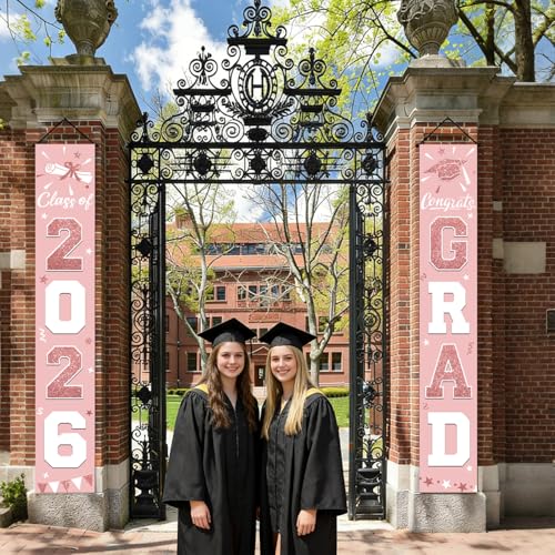 Image of Graduation Decorations 2026, Pink Rose Gold Door Porch Signs, Graduation Banner Class of 2026, Congrats Grad Banner for Door and Porch Graduation Party Supplies