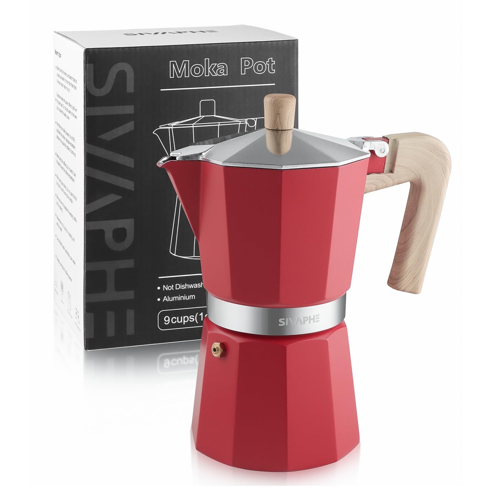 Sivaphe Stovetop Coffee Maker 450ml/9 Cups, Aluminium Moka Pot Italian Espresso Maker with Heat-Resistant Handle, Red