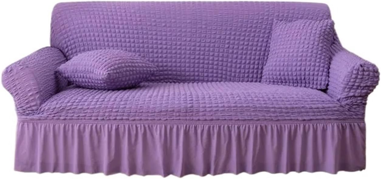 Elastic Bubble Grid Sofa Cover 1/2/3/4 with Skirt Hem Universal Stretch Couch Protector for Home Living Room for Sofa Loveseat Arm Chair(Purple,5 Seater(300-360cm))