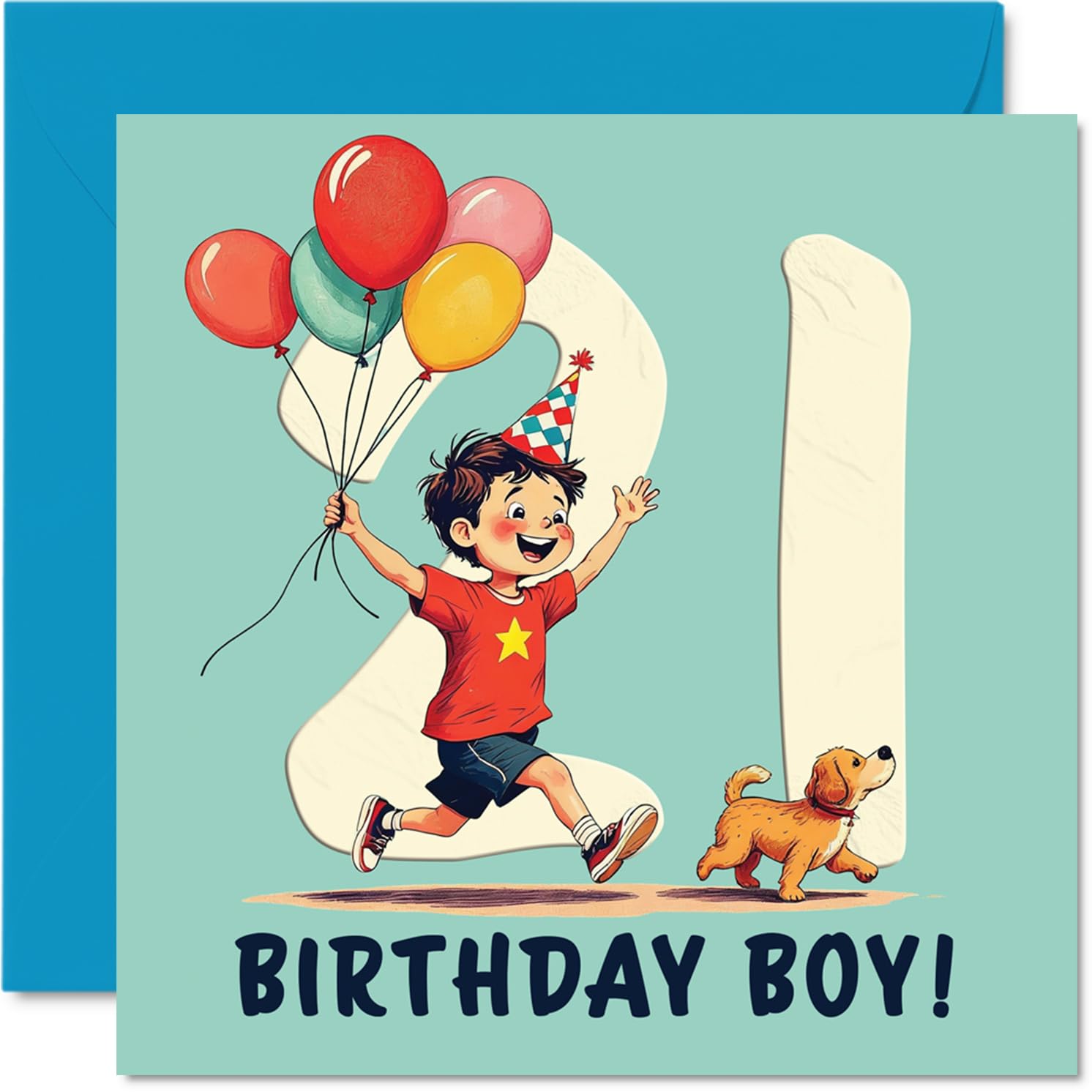 21st Birthday Cards for Men - Balloon Boy - Happy Birthday Card for 21 Year Old Man Friend Brother Grandson Cousin, 145mm Bday Greeting Cards