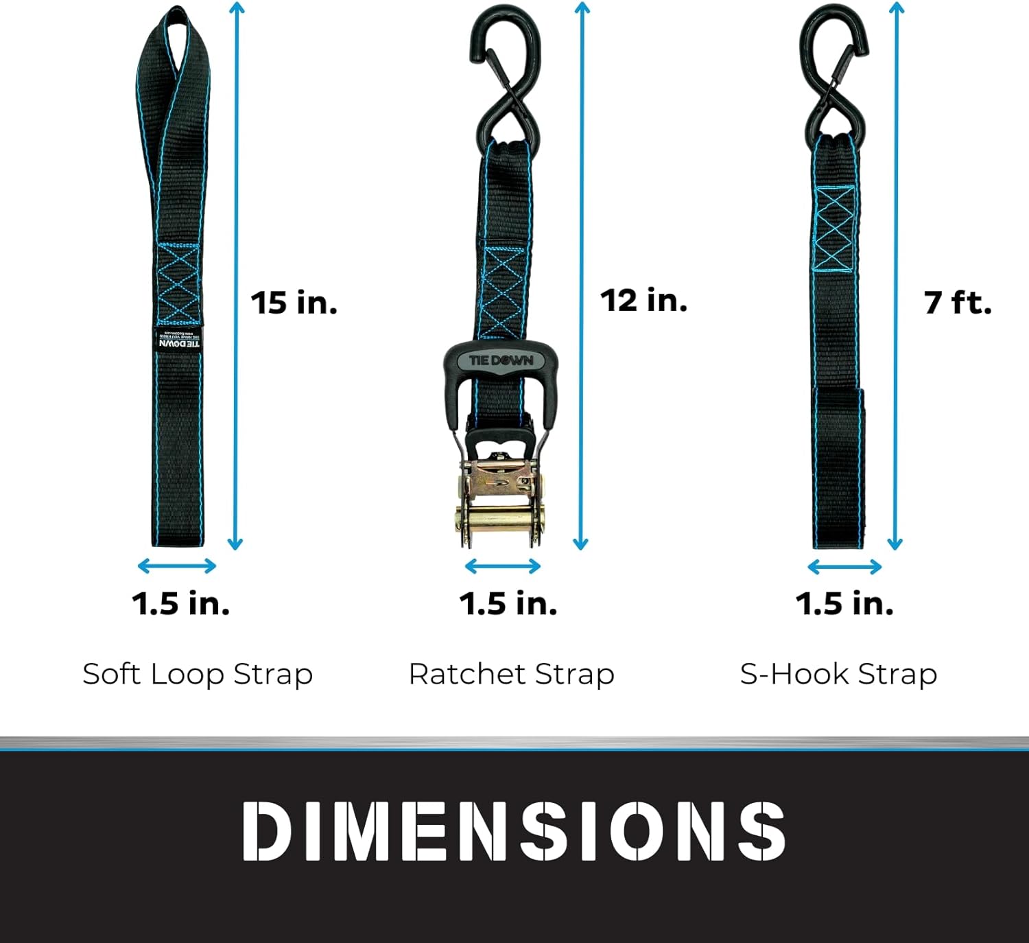 Tie Down 1.5 inch x 8 ft Black Heavy Duty Ratchet Strap, 2-Pack Kit - 5208 lbs. Breaking Load Limit