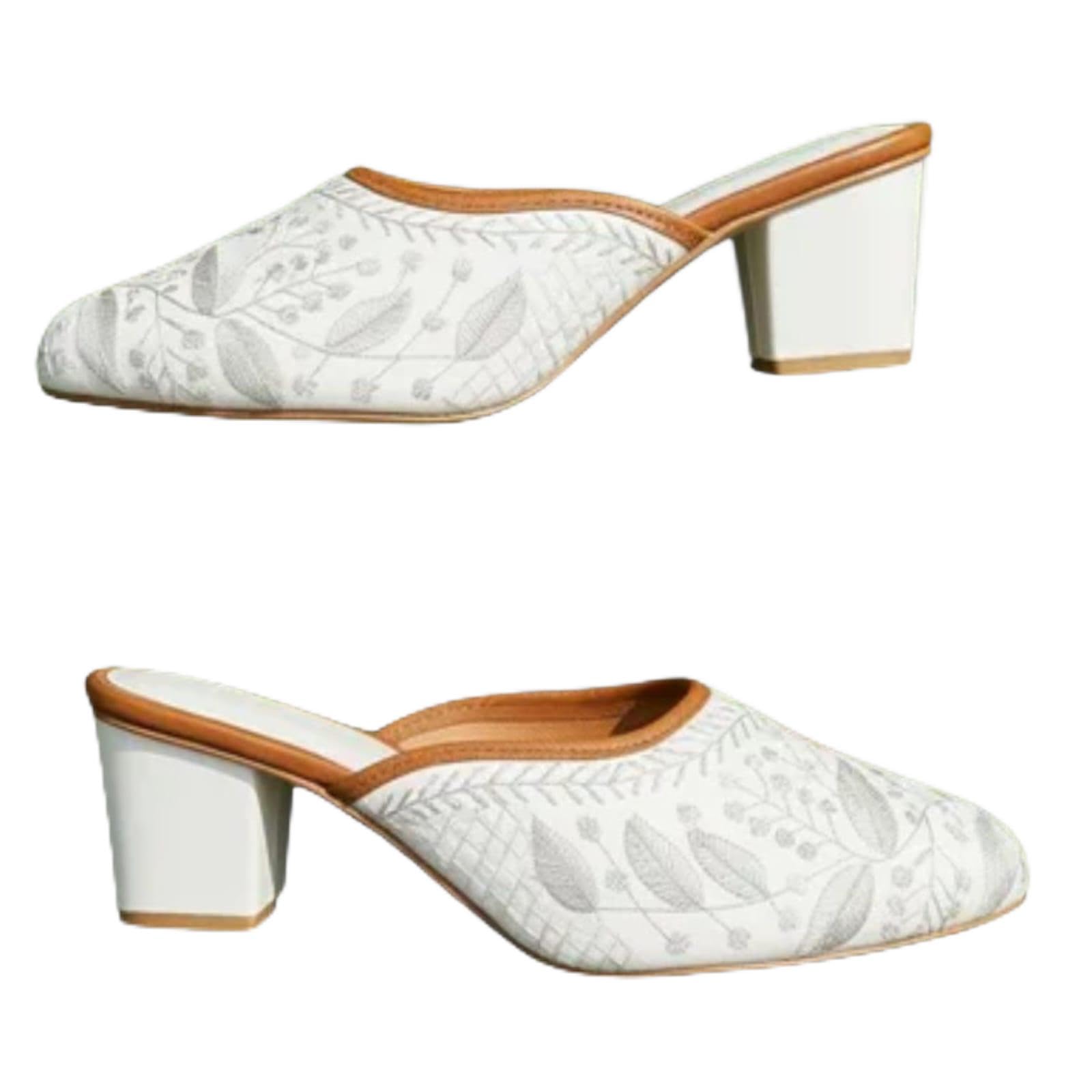 Women's Embroidered Mule Heels, White with Crystal Block Heel-picture-42