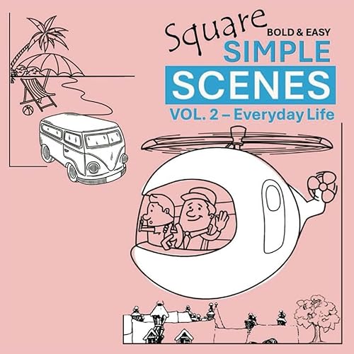 Vol 2 Square Simple Scenes Easy Black Bold Full-Page Framed Border Coloring Book Pages: 38 Designs Fun Relaxing for Adults and Kids, Beach Van, Train ... Bicycle, Recycle, Helicopter, Cartoon Scenes