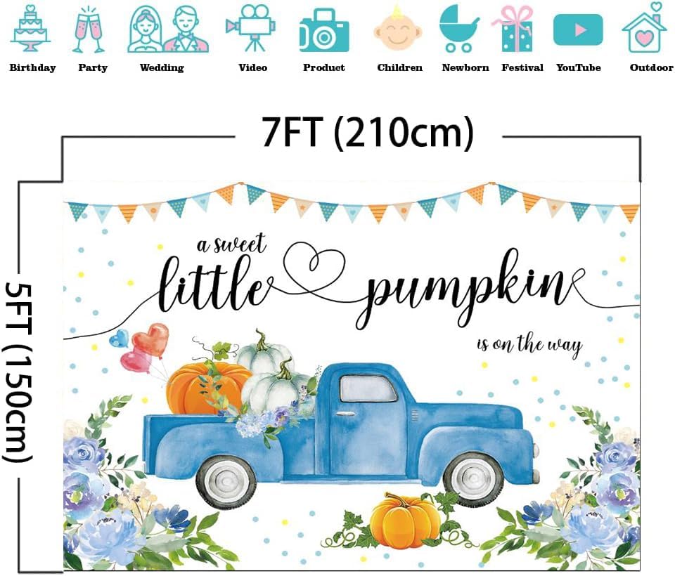 Miniatura 4 de 7 telón de fondo de calabaza para baby shower de 5 pies para niños, calabaza de otoño, camión azul, fotografía floral, fondo de calabaza, decoración