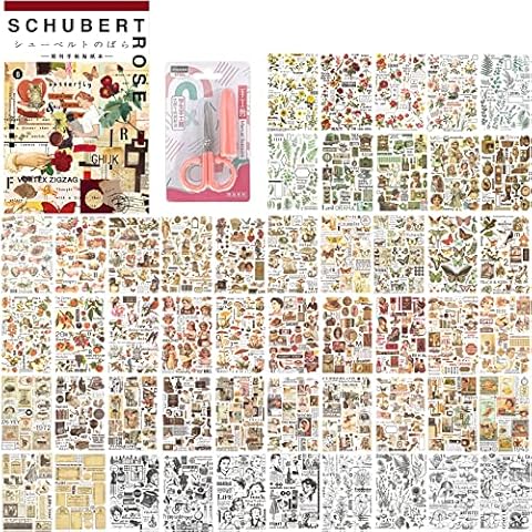50 Sheets Vintage Washi Stickers Set for Journaling, ToyaJeco Rose Mushroom Fruits Plants Retro Things Adhesive Stickers, Decorative DIY Decor for Scrapbooking Journal Planner Album (Retro Color) Cover