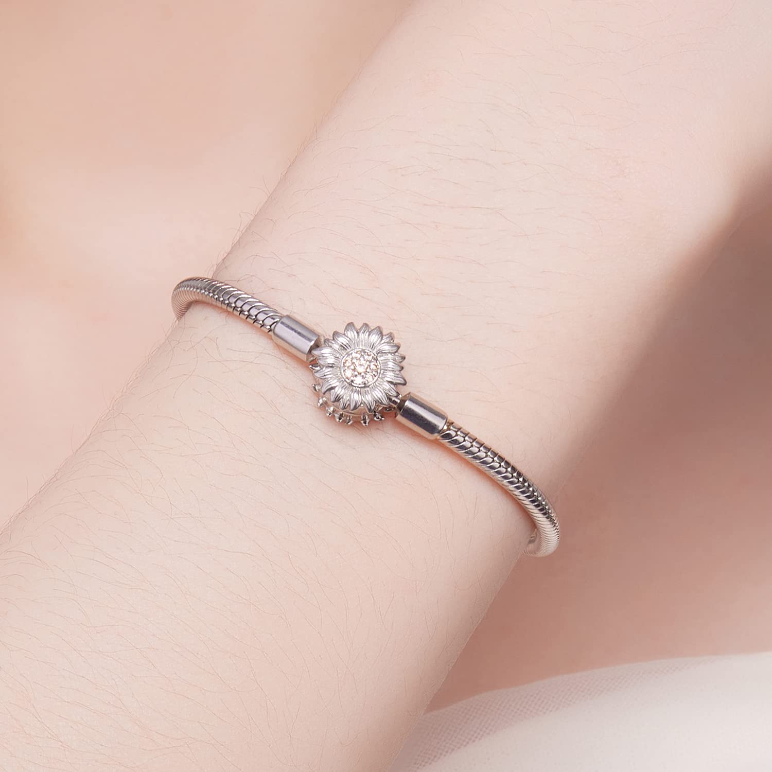 MOCHAMIK Blumen-Charm-Armband, passend für 925er-Sterlingsilber, einfaches Schlangenketten-Armband für Damen, Armband mit Schloss