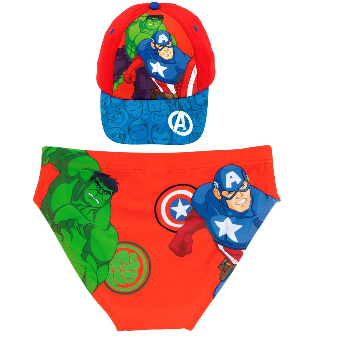 REQUETEGUAY Bañador Avengers para Playa o Piscina + Gorra Los Vengadores para Niños | Pack de Bañador y Gorra Marvel | Bañador Avengers Tipo Slip + Gorra Avengers para Niños