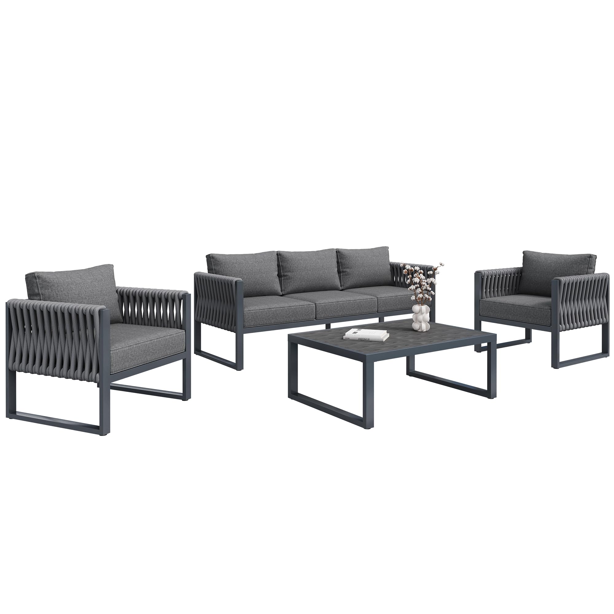 Set di mobili da giardino da esterno a 5 posti, con piedini regolabili, imbottiture e struttura in metallo antiruggine, per balcone, terrazza, grigio