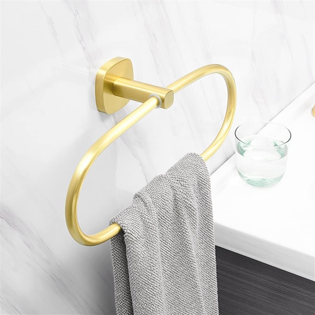 LSLYTQ Towel Rings, Brushed Gold Aluminum Wall Mounted Towel Rack, Bathroom Towel Round Holder, No Punching Oval Towel Shelf