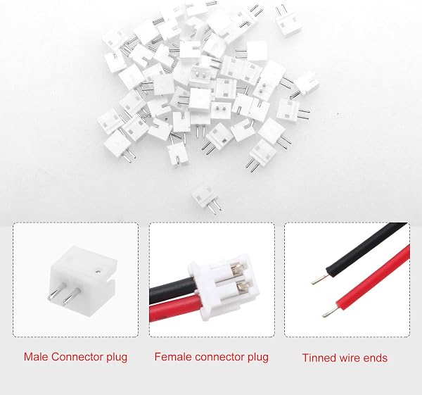 50 Juegos Conectores JST 1.5 ZH, Mini Micro JST ZH 2 Pin Conector Macho con Cable de 150mm 26AWG y Hembra (Negro Rojo) - 3