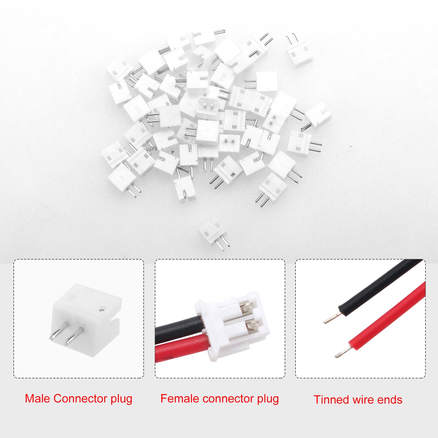 50 Juegos Conectores JST 1.5 ZH, Mini Micro JST ZH 2 Pin Conector Macho con Cable de 150mm 26AWG y Hembra (Negro Rojo) — view 3