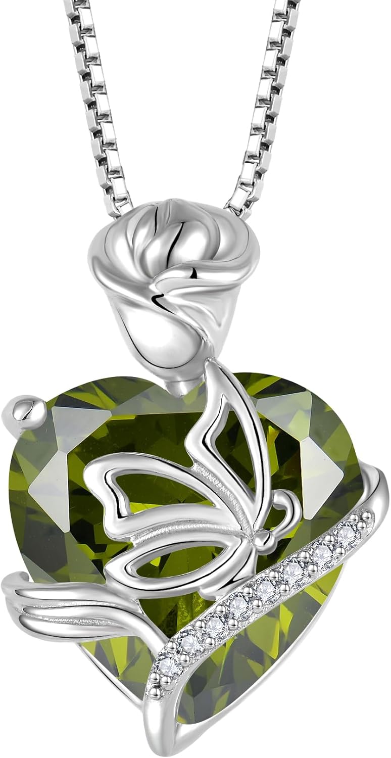 FJ Heart Butterfly Necklace 925 Sterling Silver Rose Flower Pendant Necklace Birthstone Jewelry for Women