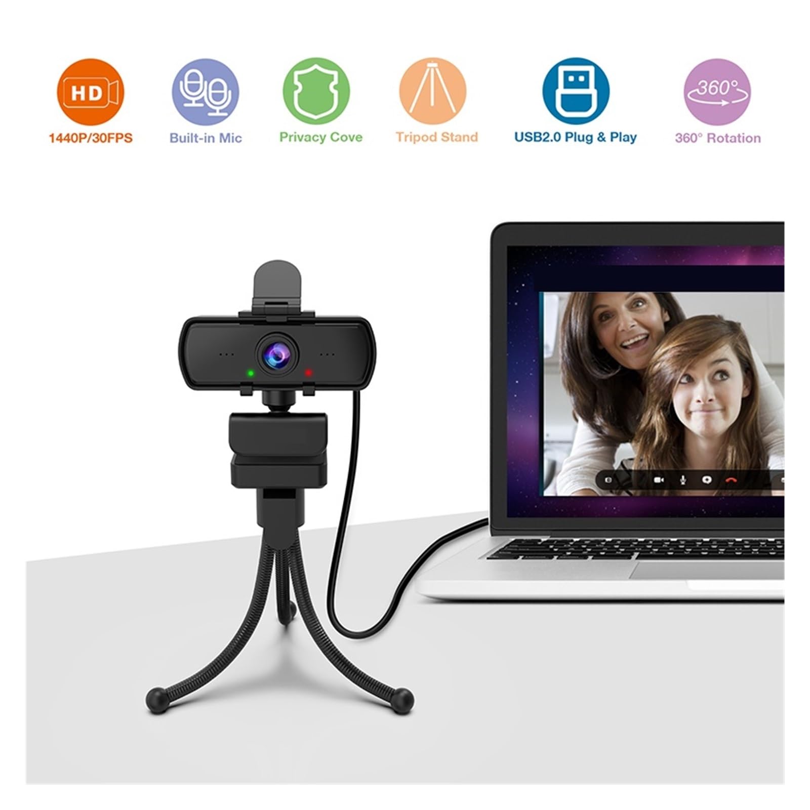 Cámara Web, Cámara Web for PC Full HD de 1440p con micrófono, trípode, for computadora portátil Escritorio USB, cámara transmisión en Vivo for videollamadas for conferencias, grabación