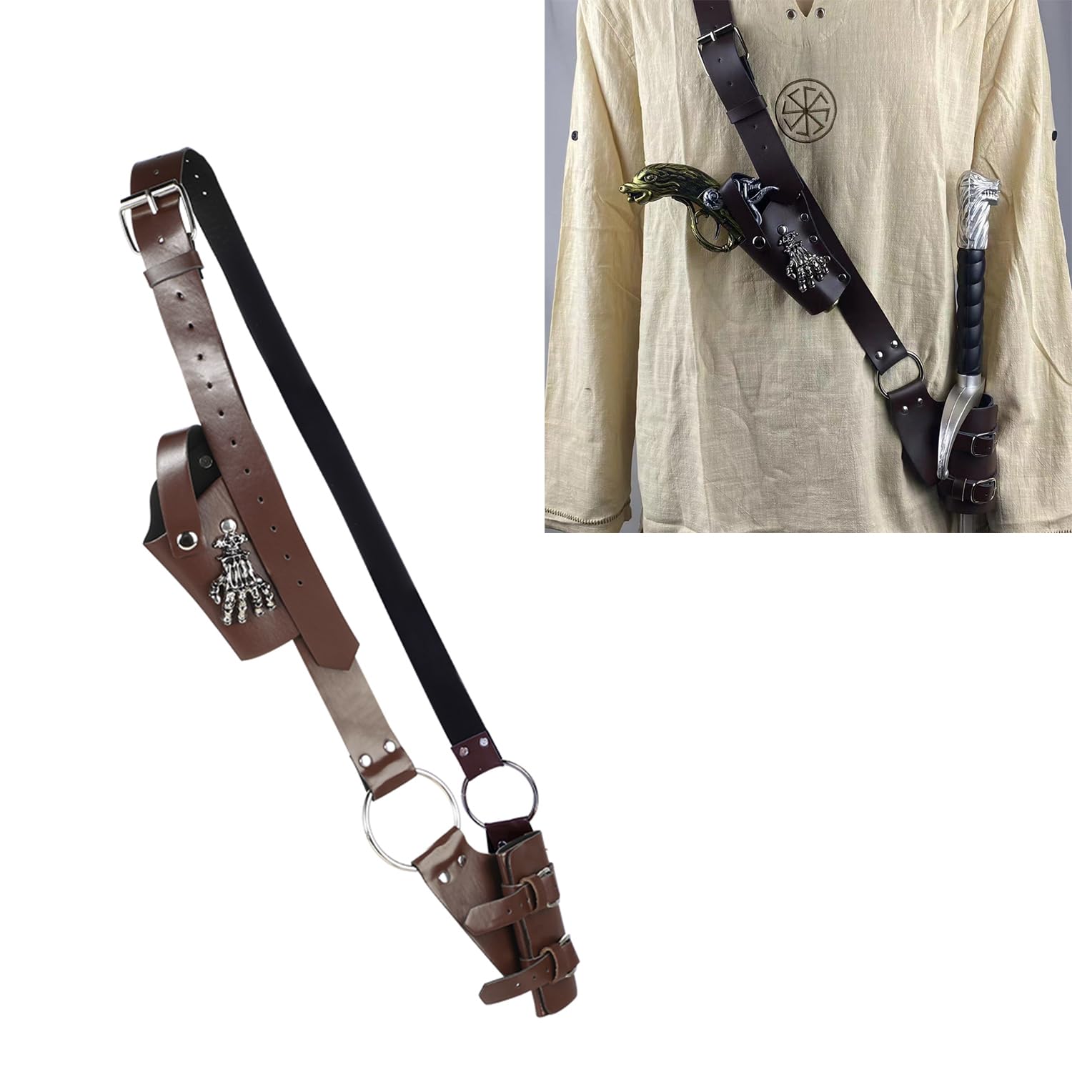 Cosplay Leather Belt with Sword Holster Dagger Frog Holder Set Adjustable Medieval Knight Pirate Warrior Skeleton Claw Shoulder Belt Costume Accessories for Halloween Fancy Dress Stage Performances