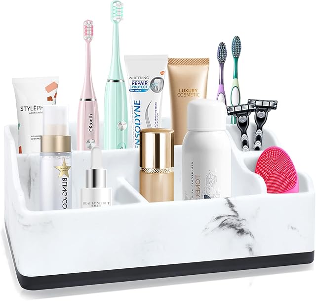 TOSHISON Toothbrush Holder Bathroom Organizer Countertop, New 7 Slots Electric Tooth Brush Toothpaste Holder Bathroom Counter Stand Sink Organizer Caddy for Vanity Makeup Brushes -White Marble Look