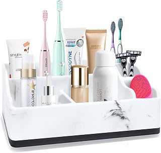 Toothbrush Holder Bathroom Organizer Countertop, New 7 Slots Electric Tooth Brush Toothpaste Holder Bathroom Counter Stand Sink Organizer Caddy for Vanity Makeup Brushes -White Marble Look