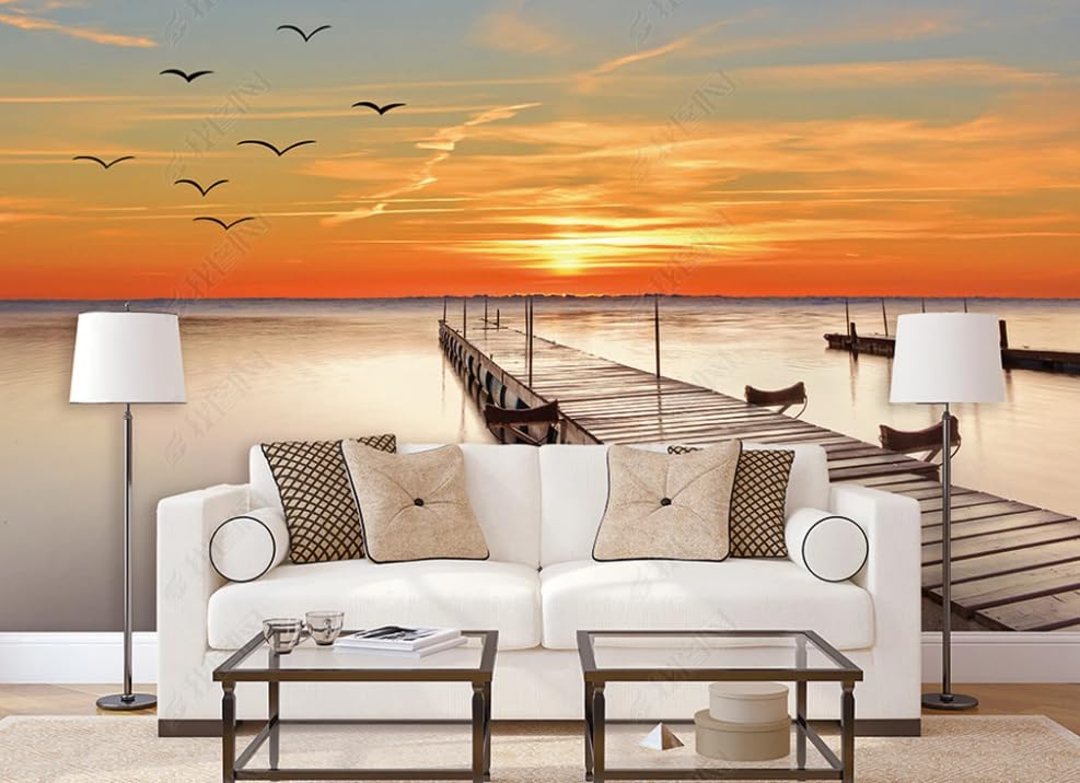 Poster géant mural coucher de soleil papier peint intissé mer pour grand salon