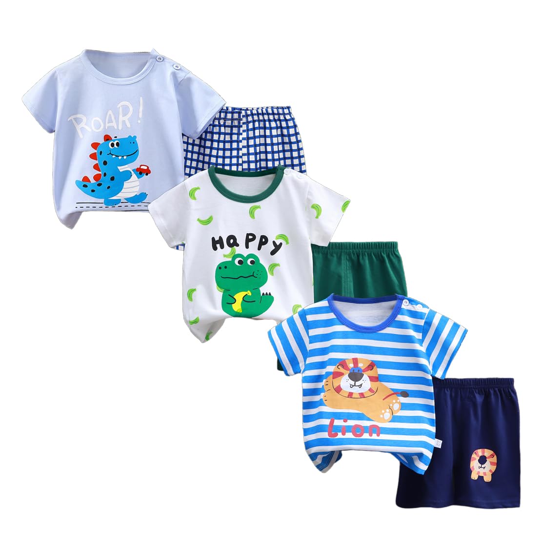 Conjunto de Ropa para Bebé y Niño, Pack 6 Piezas 3 Juegos, Camiseta y Pantalones Cortos de Algodón Puro, con broche de hombro para bebé y sin broche para niño, Tallas 50-130, 3 Meses a 7 Años
