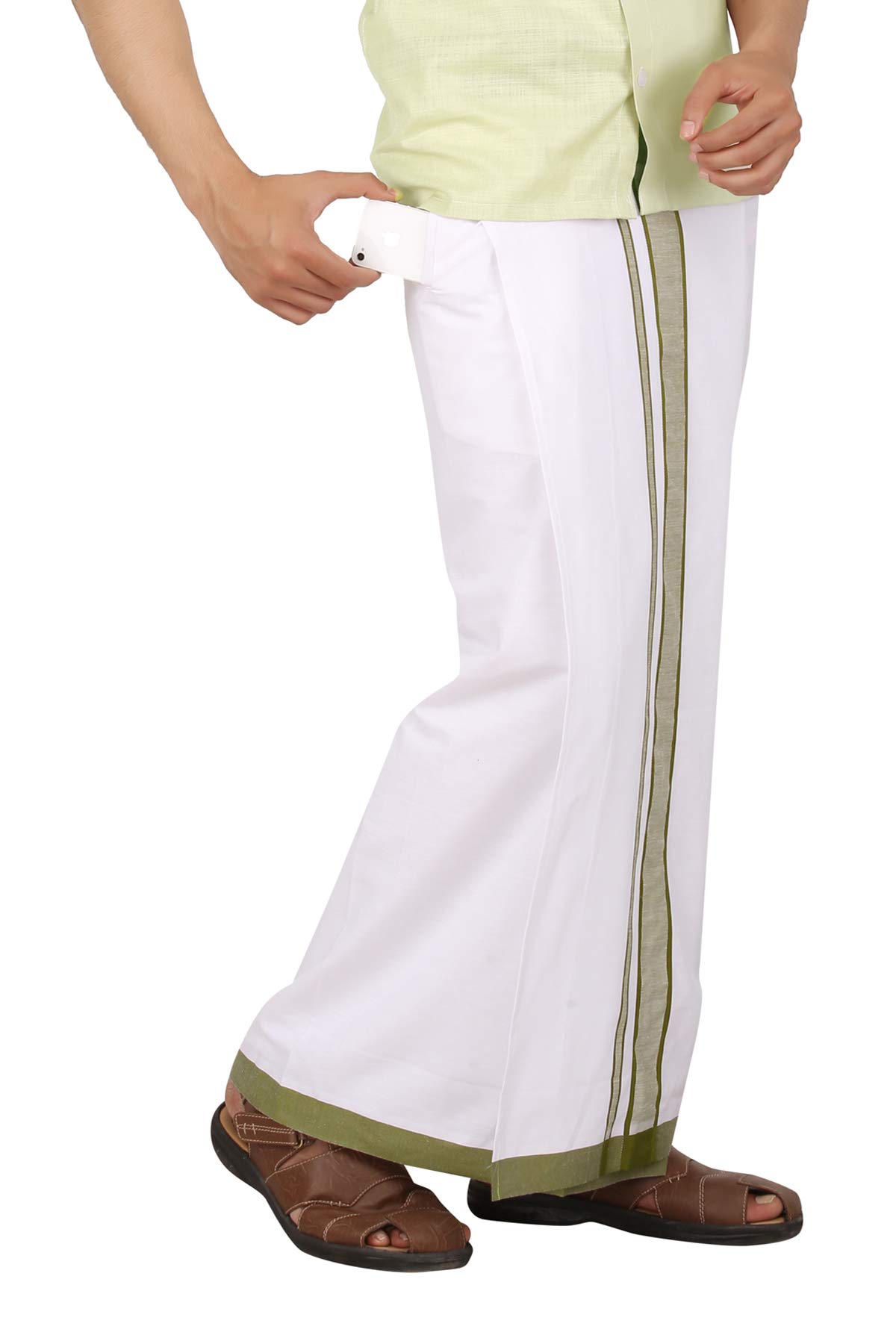 Prakasam Cotton Mens Welcro Pocket With Mild Green Border Dhoti/Fancy Border Dhoti/Welcro Pocket Mundu/White Dhoti With Pocket (Moon Mild Green)