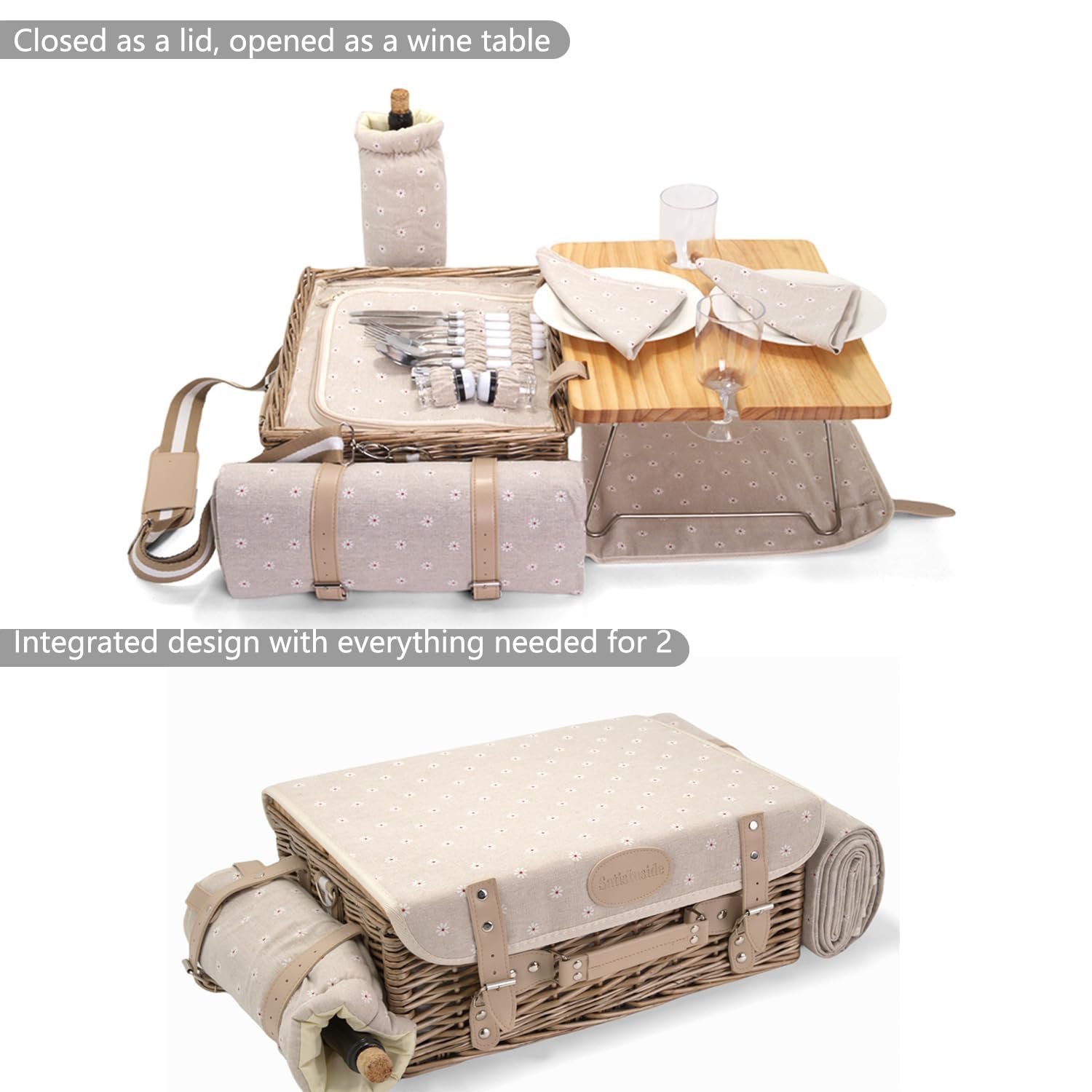Set di cestini da picnic in vimini per 2 persone con coperta e tavolo da picnic isolato