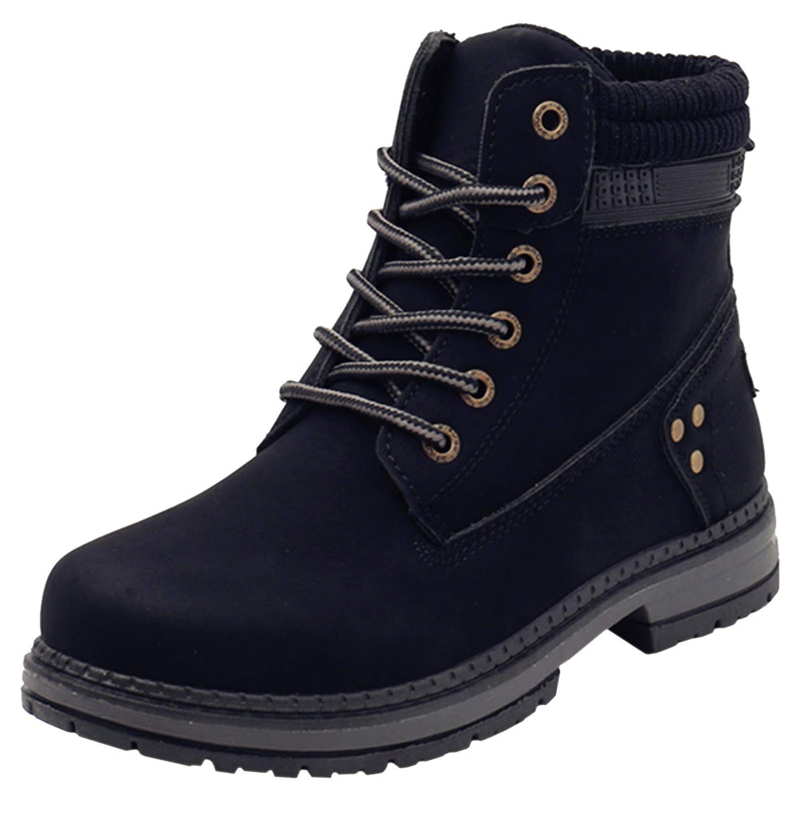 Women's Round Toe Waterproof Lace up Work Combat Boots Low Heel Ankle Booties