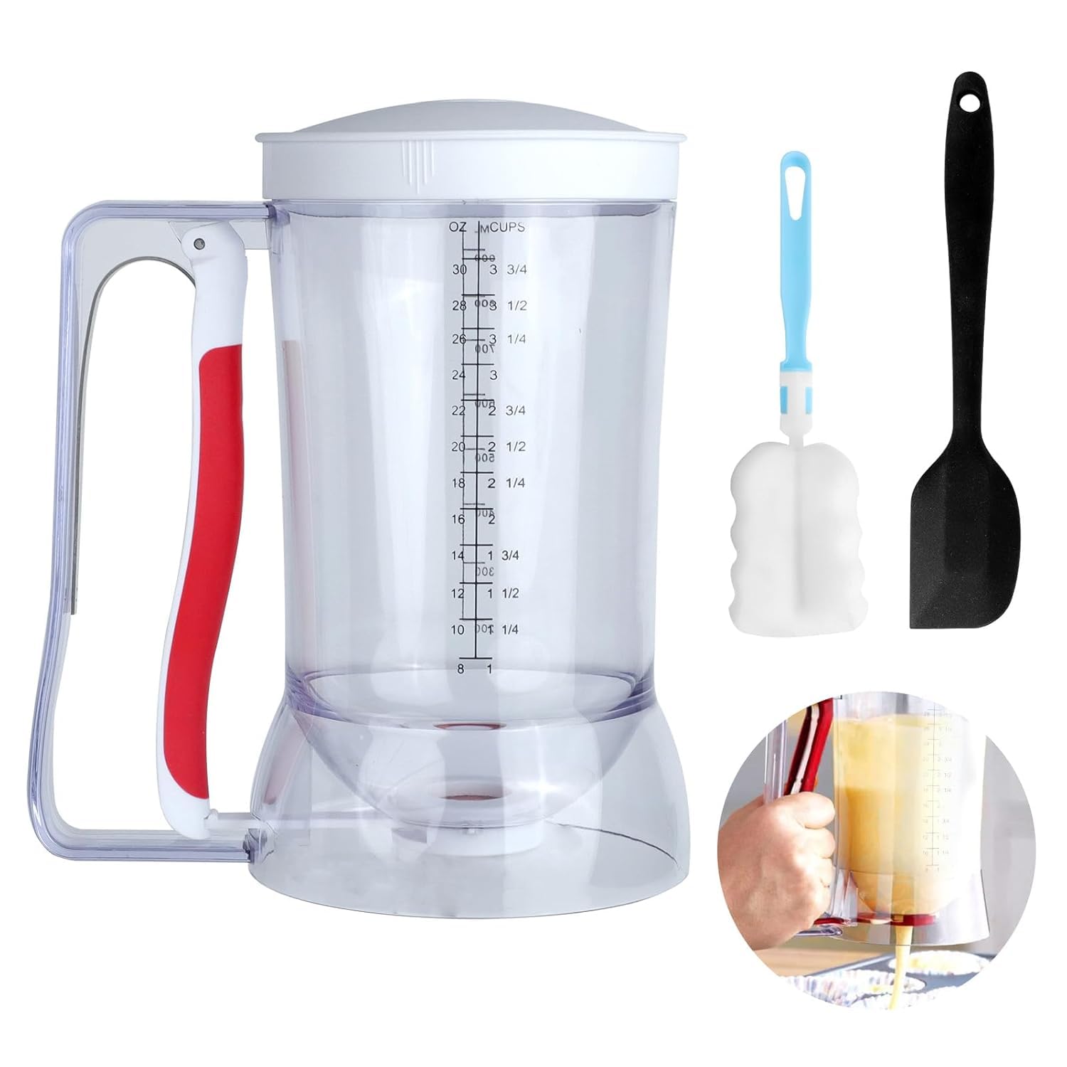 Dispensador de Masa 900ML Batter Dispenser con Mango de Resorte Diseño Transparente Dispensador de Masa con Escala para Muffins, Panqueques, Gofres