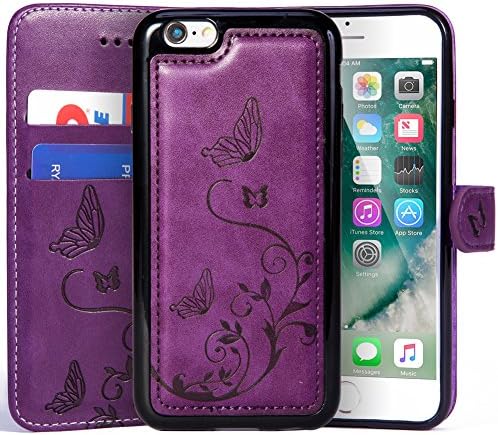 WaterFox iPhone 6/7 / 8 Plus Wallet Case with 4 Card Holder for Women, Detachable Cover Flip Folio PU Leather Wrist Strap Removable Magnetic Kickstand with Floral Flower Design for Girls - Purple