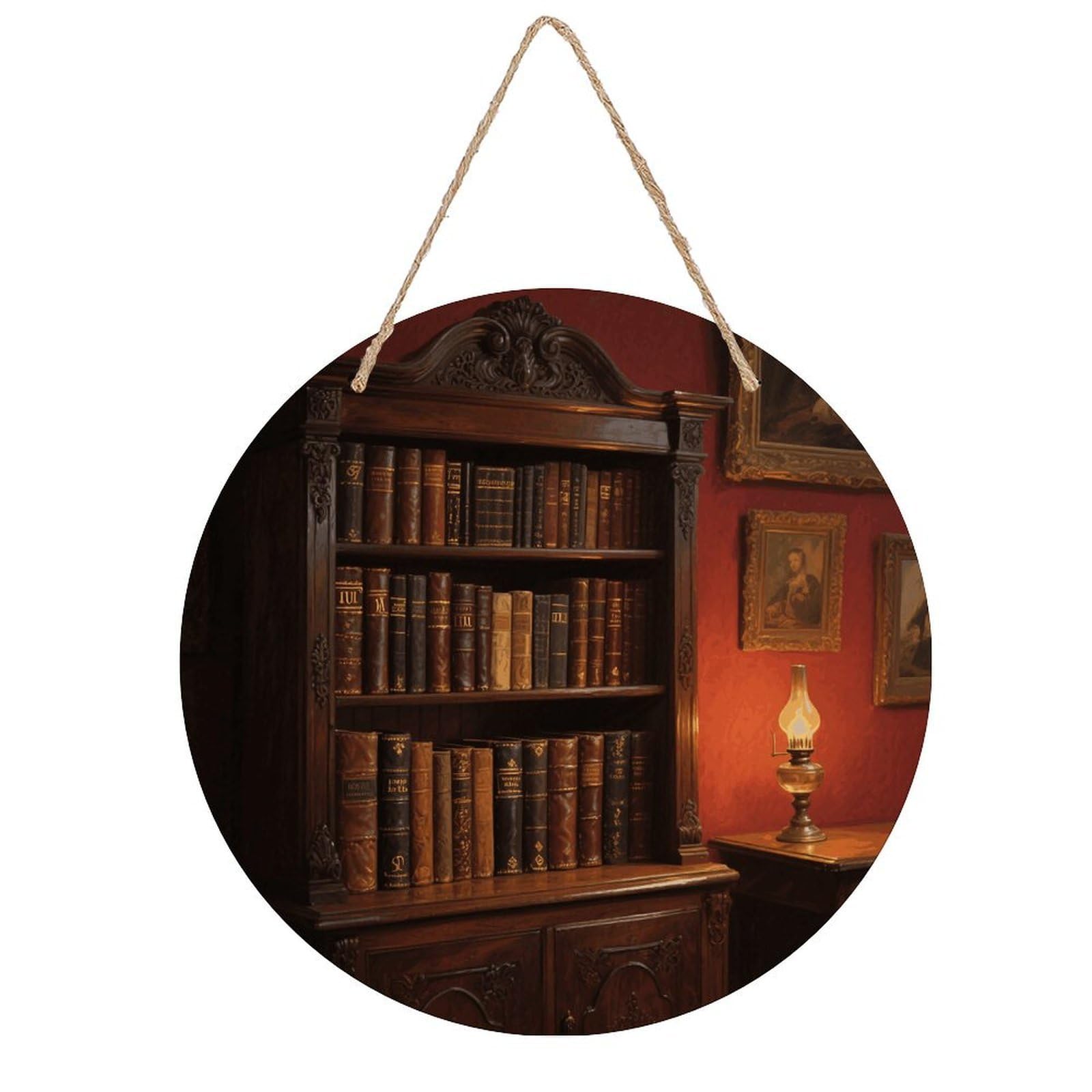 VstaDank Bookshelf Wall Decor Round Wood Hanging Sign 7.9x7.9 in Wooden Circle Door Hanger with Ropes, Rustic Wall Art Decor for Home Front Door Indoor Outdoor Decoration