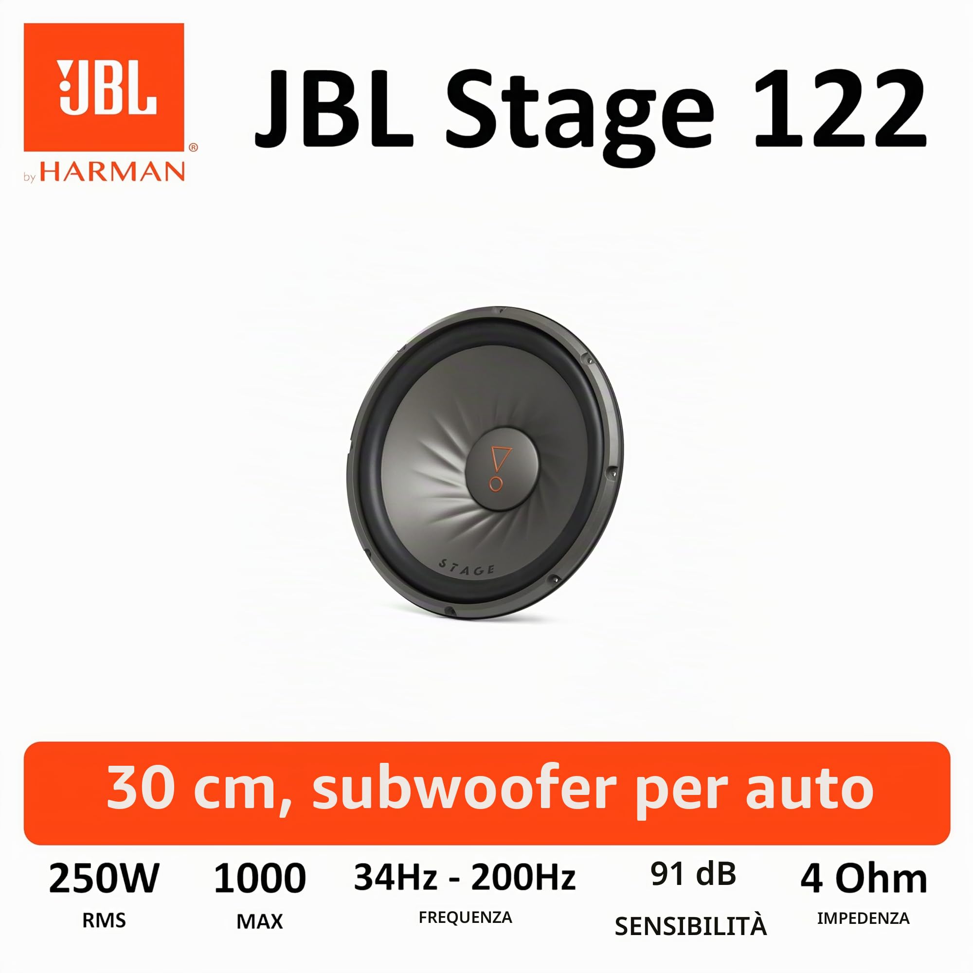 JBL Stage 122D subwoofer passivo 12 pollici (30 cm), doppia bobina 2 ohm, 250 W RMS / 1000 W picco, cono in polipropilene, cablaggio flessibile, bassi profondi, design compatto e resistente